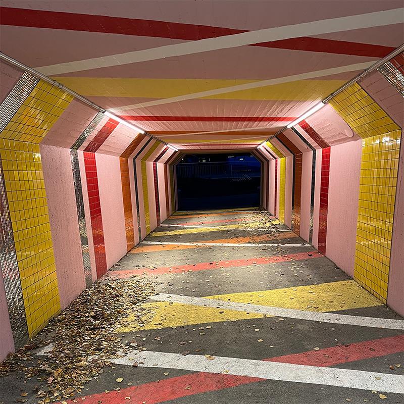 Projekt, GC-tunnel belysning: GC-tunnel Carlaporten med belysning av Pole 50 från Flux. Gestaltning av Backa Carin Ivarsdotter.